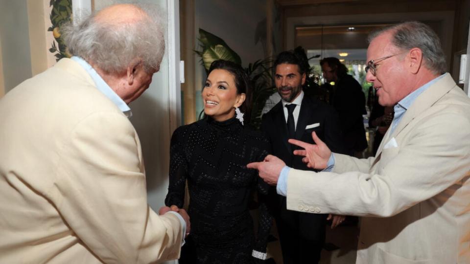 From left, Graydon Carter, Eva Longoria, José Bastón and David Zaslav attend the Cannes Film Festival Air Mail Party at Hotel du Cap-Eden-Roc on May 23, 2023. (Getty Images)
