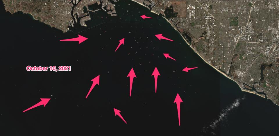 Satellite image of the Port of Long Beach taken in October 2021 shows heavy ship congestion.