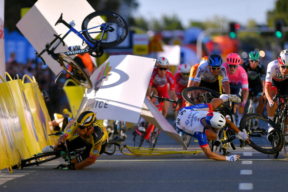 KATOWICE, POLAND - AUGUST 05: Sprint / Arrival / Dylan Groenewegen of The Netherlands and Team Jumbo - Visma / Fabio Jakobsen of The Netherlands and Team Deceuninck - Quick-Step / Marc Sarreau of France and Team Groupama - FDJ / Luka Mezgec of Slovenia and Team Mitchelton - Scott / Ryan Gibbons of South Africa and NTT Pro Cycling Team / Moreno Hofland of The Netherlands and Team EF Education First / Jasper Philipsen of Belgium and UAE Team Emirates / Szymon Sajnok of Poland and CCC Team / during the 77th Tour of Poland 2020, Stage 1 a 195,8km stage from Silesian Stadium-Chorzów to Spodek-Katowice / @Tour_de_Pologne / #tdp20 / on August 05, 2020 in Katowice, Poland. (Photo by Luc Claessen/Getty Images)