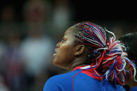 LONDON, ENGLAND - JULY 28: Isabelle Yacoubou #4 of France looks on during the national anthem before playing against Brazil during Women's Basketball on Day 1 of the London 2012 Olympic Games at the Basketball Arena on July 28, 2012 in London, England. (Photo by Christian Petersen/Getty Images)
