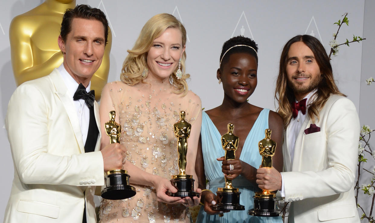 Matthew McConaughey, from left, holds his award for best actor for his role in &quot;Dallas Buyers Club&quot;, Cate Blanchett holds her award for best actress in &quot;Blue Jasmine&quot;, Lupita Nyong'o holds her award for best supporting actress for &quot;12 Years a Slave,&quot; and Jared Leto holds his award for best supporting actor in &quot;Dallas Buyers Club&quot; in the press room during the Oscars at the Dolby Theatre on Sunday, March 2, 2014, in Los Angeles.  (Photo by Jordan Strauss/Invision/AP)