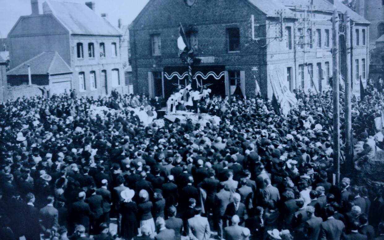 Collect photograph dated 1944 showing the funeral of the murdered boys in France. Photographed at Jeanne Gask's home in south west London