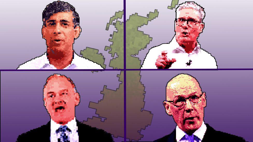 Pixellated images of, clockwise from top left, Conservative leader Rishi Sunak, Labour leader Keir Starmer, SNP leader John Swinney and Liberal Democrat Leader Sir Ed Davey. The frame is split into four, and in the background a pixelated image of the United Kingdom can be seen against a purple background.