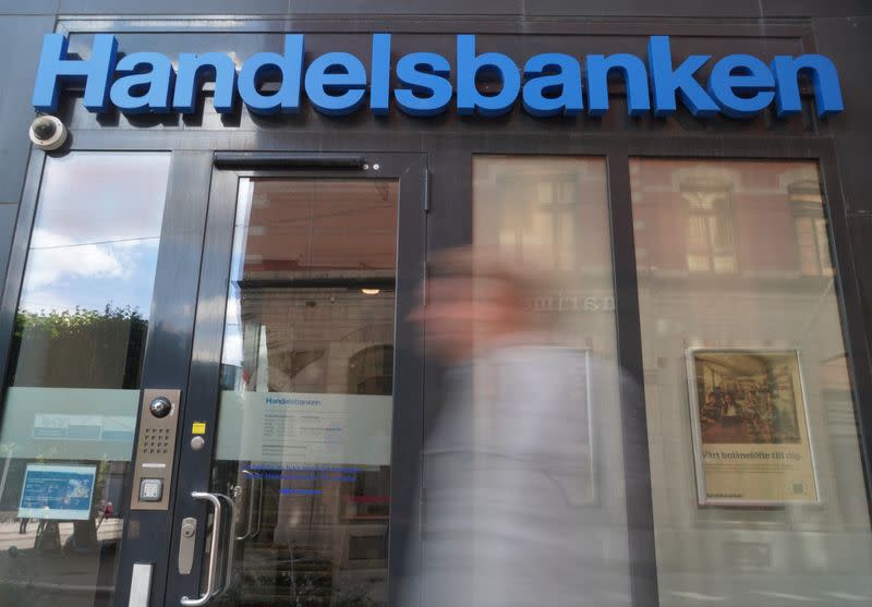 The sign for Handelsbanken is seen over one of its branches in central Stockholm, Sweden, July 18, 2023