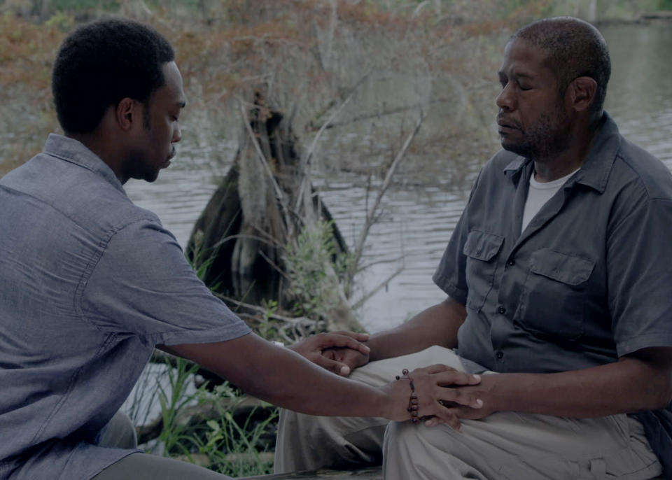 This photo provided by Codeblack Films shows Forest Whitaker, right, as Angel and Anthony Mackie as Tommy, in a scene from the film, "Repentance." Whitaker took on a new challenge to grow in the psychological thriller which releases Friday, Feb. 28, 2014. (AP Photo/Codeblack Films, Patti Perret)