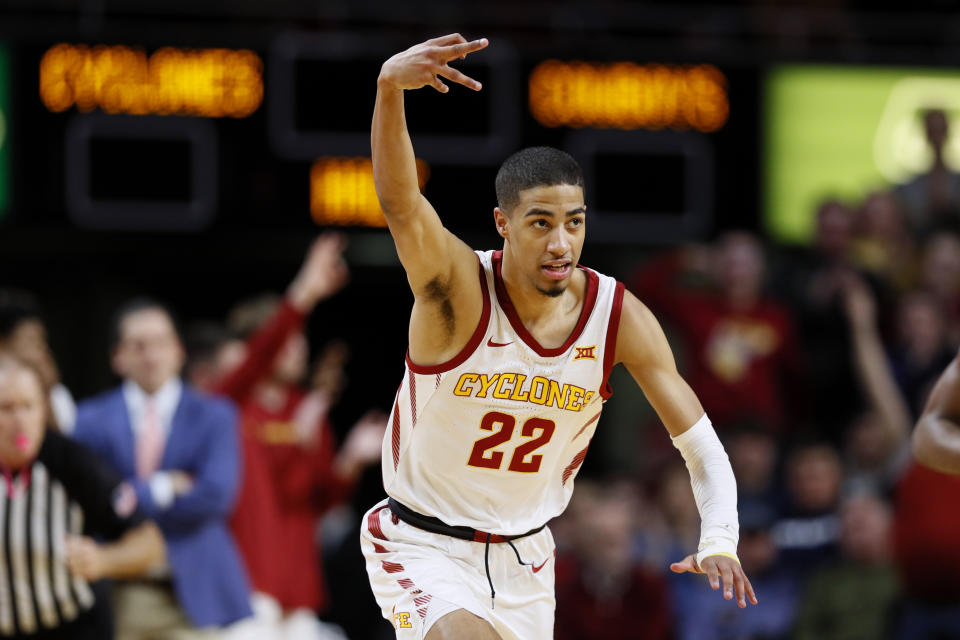 Iowa State guard Tyrese Haliburton celebrates after making a three-point basket during the second half of an NCAA college basketball game against Oklahoma State, Tuesday, Jan. 21, 2020, in Ames, Iowa. Iowa State won 89-82. (AP Photo/Charlie Neibergall)