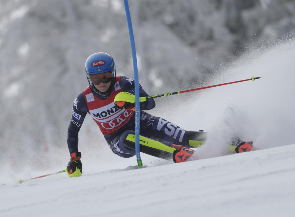 United States' Mikaela Shiffrin speeds down the course during an alpine ski, women's World Cup slalom, in Spindleruv Mlyn, Czech Republic, Saturday, Jan. 28, 2023. (AP Photo/Giovanni Maria Pizzato)