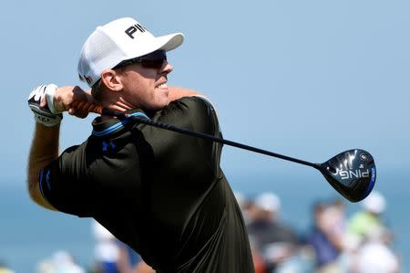 Aug 15, 2015; Sheboygan, WI, USA; Hunter Mahan tees off on the 2nd hole during the third round of the PGA Championship golf tournament at Whistling Straits. Michael Madird-USA TODAY Sports