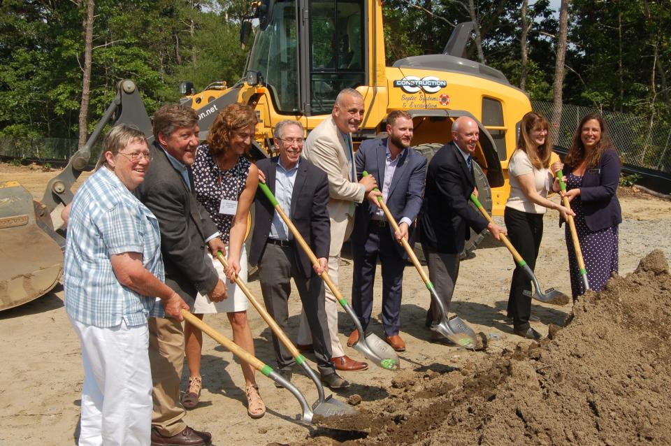 In mid-2021, the groundbreaking for Brewster Woods brought notables to the housing site, including Select Board Chair Cynthia Bingham, state Rep. Tim Whelan, state Sen. Julian Cyr, Alisa Magnotta of HAC, Clark Ziegler of the Mass. Housing Partnership and Donna Kalinick and Jill Scalese of Brewster.