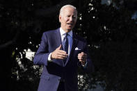 President Joe Biden speaks to reporters after attending an event hosted by first lady Jill Biden to honor the 2021 State and National Teachers of the Year, on the South Lawn of the White House, Monday, Oct. 18, 2021, in Washington. (AP Photo/Evan Vucci)