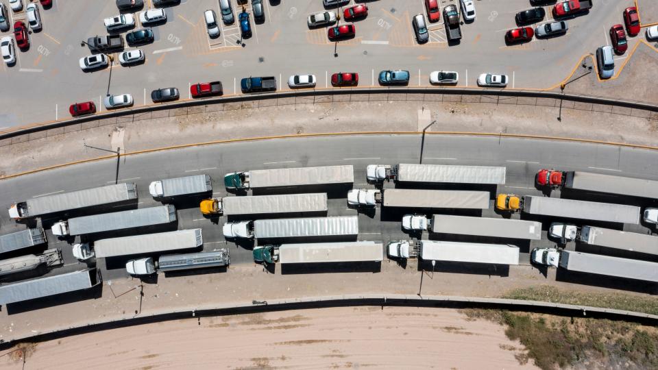 A line of commercial trucks is seen on both sides of the Zaragoza International Bridge in El Paso, TX on April 29, 2024.