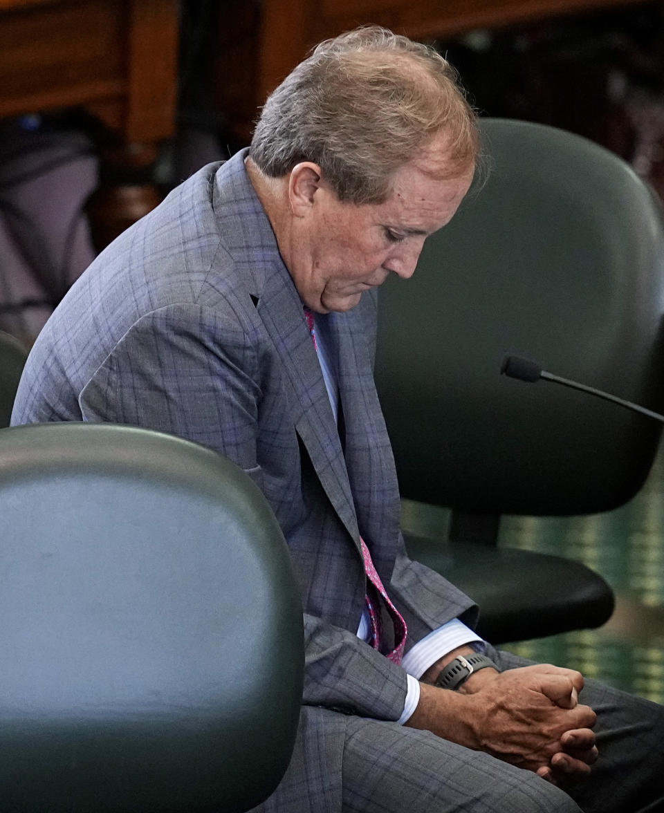 Suspended Texas state Attorney General Ken Paxton attends his impeachment trial in the Senate Chamber at the Texas Capitol, Friday, Sept. 15, 2023, in Austin, Texas. (AP Photo/Eric Gay)