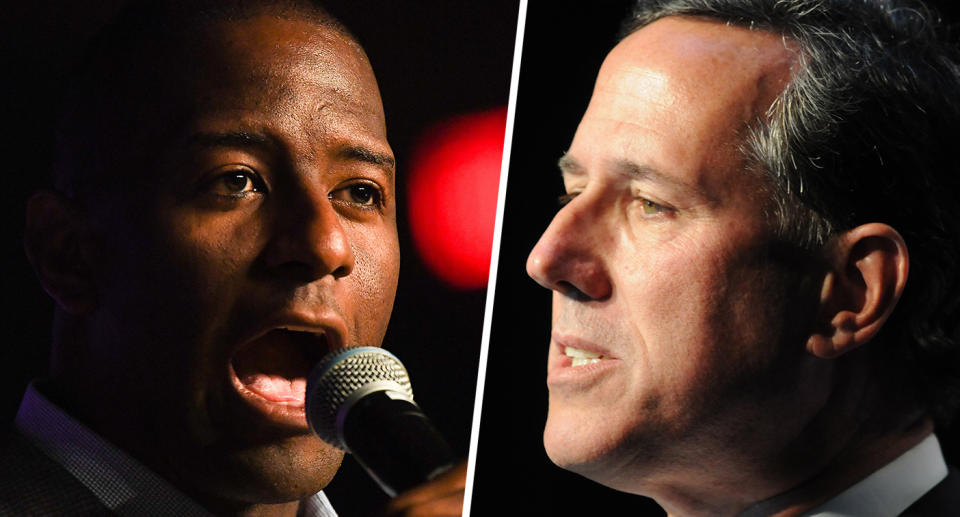 Former Tallahassee, Fla., Mayor Andrew Gillum. (Photo: Jeff J Mitchell/Getty Images); former Pennsylvania Sen. Rick Santorum. (Photo: Steve Pope/Getty Images)