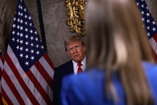 Former President Donald Trump, the front-runner for the Republican presidential nomination, speaks in the library at his Mar-a-Lago private club and residence in Florida after the U.S. Supreme Court reversed a Colorado court's decision to remove his name from the state's presidential primary ballot.