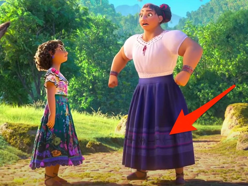 An arrow pointing at Luisa's dress in "Encanto."