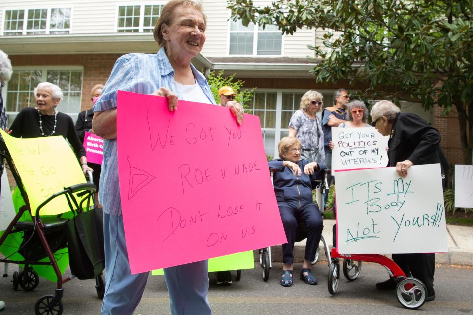 Residents at Arbor Terrace held a rally for reproductive rights and women's health in Teaneck on Friday. Former New Jersey Senate Majority Leader Loretta Weinberg led the demonstration as grandmothers and great-grandmothers held up signs and voiced their opinions on abortion.