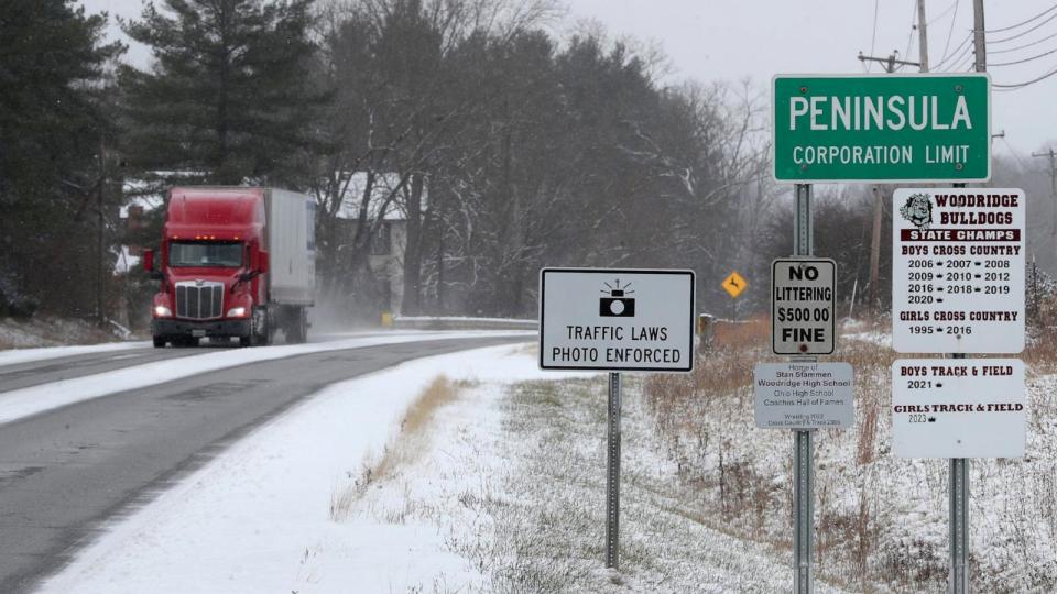 PHOTO: A truck head east on Ohio State Route 303 in Peninsula, Ohio, Nov. 28, 2023. (Mike Cardew/Akron Beacon Journal/USA Today Network)