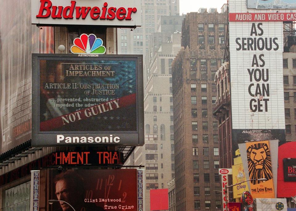 The NBC jumbotron in Times Square displays the 