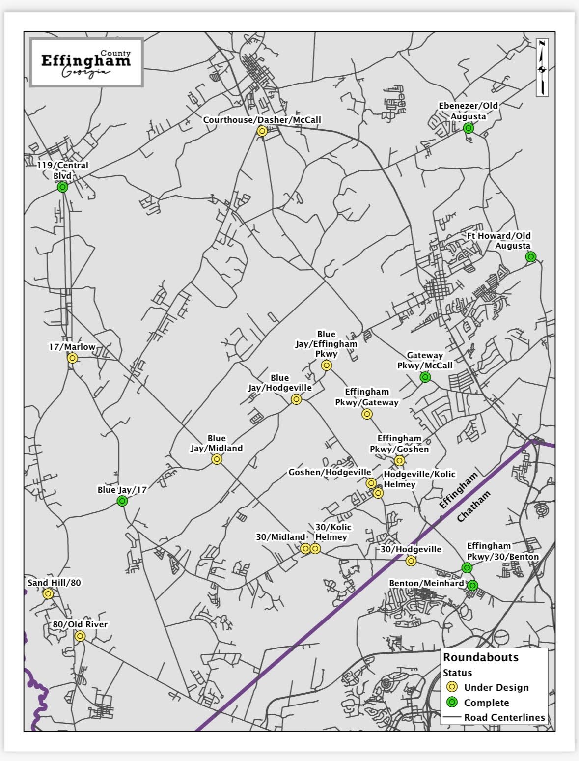 A map details where proposed roundabouts will be constructed throughout the county.