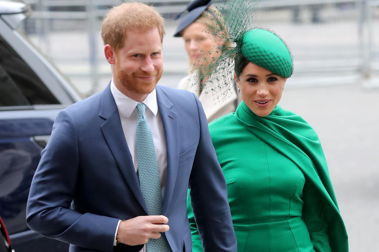 LONDON, ENGLAND - MARCH 09: Prince Harry, Duke of Sussex and Meghan, Duchess of Sussex meets children as she attends the Commonwealth Day Service 2020 on March 09, 2020 in London, England. (Photo by Chris Jackson/Getty Images)