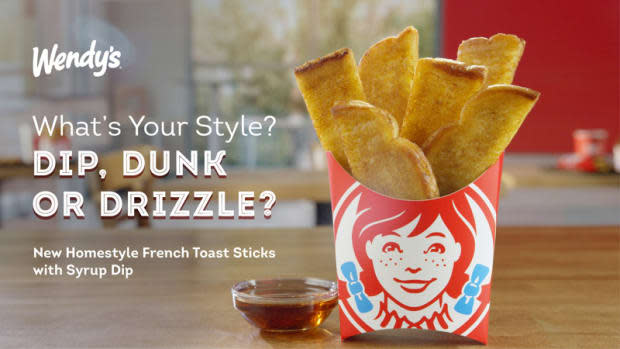 <p><a href="https://www.irwendys.com/news/news-details/2022/To-Dip-Dunk-or-Drizzle-Wendys-Sweetens-up-the-Morning-with-NEW-Homestyle-French-Toast-Sticks/default.aspx" rel="nofollow noopener" target="_blank" data-ylk="slk:Wendy's;elm:context_link;itc:0;sec:content-canvas" class="link ">Wendy's</a></p>