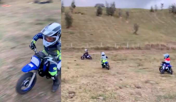 The kids didn't hold back as they brunt rubber on their Yamaha Peewee 50 dirt bikes. Photo: Instagram/ chrishemsworth