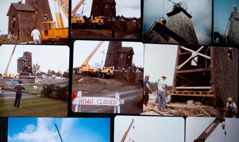 Photos of from when the Nyholm Windmill was moved in 1980 displayed on Thursday, June 20, 2024, in Edgewood, Wash.