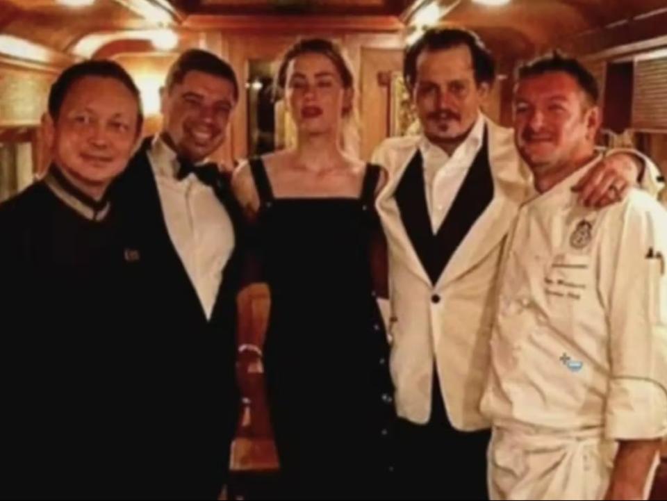 A photo of Johnny Depp and Amber Heard during their honeymoon on the Orient Express from Bangkok to Singapore (Court documents)