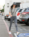 <p>If you’ve ever doubted that Jenner is still a typical teenager at heart, look no further than this outfit. She kept things low-key to run errands in L.A., wearing another monochrome getup—this time in gray. Even though a baseball cap is typically a casual accessory, it escalates the outfit because it’s in the exact same color family as the slouchy tee and skin-tight bottoms. </p>