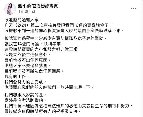 趙小僑心痛說出16週的寶寶胎停了。（圖／翻攝自趙小僑臉書）