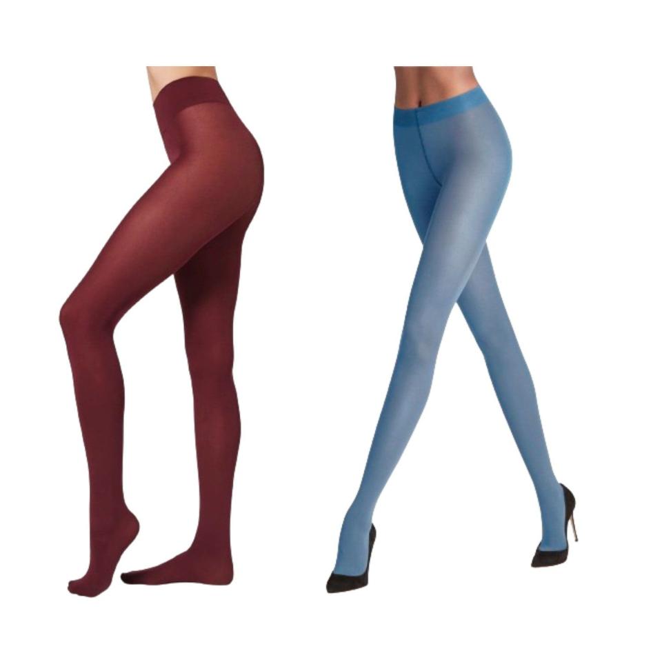 Burgundy 50 denier, £7.99, Calzedonia; Light blue 30 denier, £29, Falke