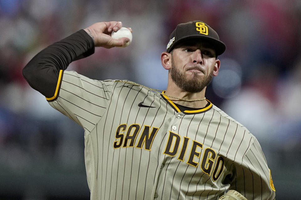 San Diego Padres starting pitcher Joe Musgrove throws during the fourth inning in Game 3 of the baseball NL Championship Series between the San Diego Padres and the Philadelphia Phillies on Friday, Oct. 21, 2022, in Philadelphia. (AP Photo/Brynn Anderson)