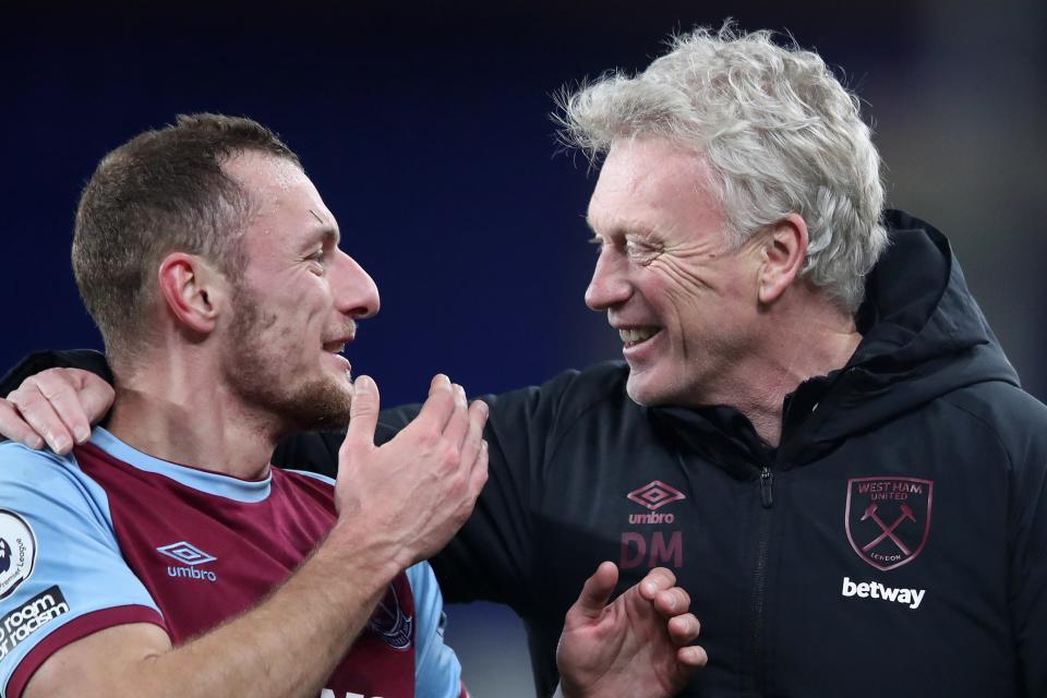 <p>All smiles: David Moyes jokes with Vladimir Coufal after West Ham’s win at Everton</p> (Getty Images)
