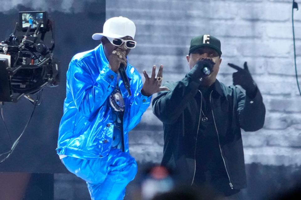 Flavor Flav and Chuck D from Public Enemy perform as part of a tribute to 50 years of hip-hop at the 2023 Grammy Awards.