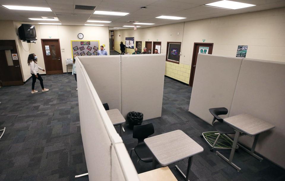 Cubicle walls have been set up in the great space between classrooms for Nordonia Middle School students to use.