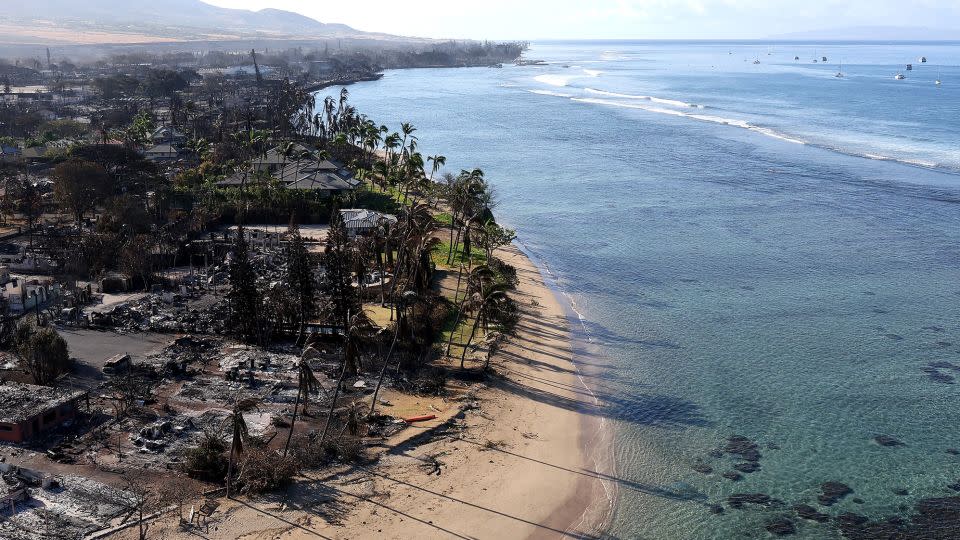 In an aerial view, homes and businesses are seen that were destroyed by a wildfire on August 11, 2023 in Lahaina, Hawaii.  - Justin Sullivan/Getty Images