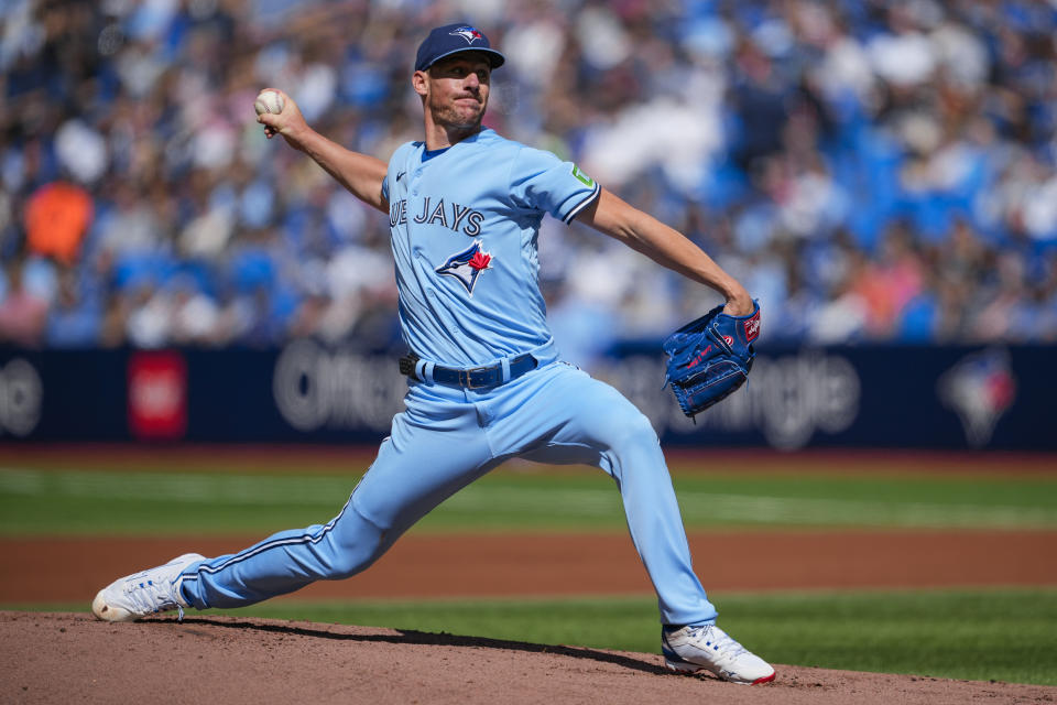 Toronto Blue Jays starting pitcher Chris Bassitt (40) throws against the Washington Nationals during the first inning of a baseball game in Toronto on Wednesday, Aug. 30, 2023. (Andrew Lahodynskyj/The Canadian Press via AP)