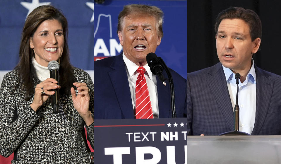 Republican presidential candidate former UN Ambassador Nikki Haley speaks at a campaign event in Conway, S.C., on Jan. 28, 2024, left, Republican presidential candidate former President Donald Trump speaks during a campaign event in Laconia, N.H., on Jan. 22, 2024, center, and then Republican presidential candidate Florida Gov. Ron DeSantis speaks at a Contractors of America conference, Wednesday, Jan. 10, 2024 in Des Moines, Iowa. (AP Photo)