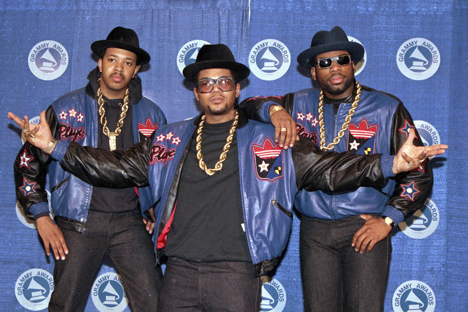 FILE - In this March 2, 1988 file photo the rap group Run DMC poses at the 31st annual Grammy Awards in New York City. From left, Joseph "Run" Simmons, Darryl "DMC" McDaniels, and the late Jason Mizell "Jam Master Jay." Opening statements are set for Monday in the federal murder trial of Karl Jordan Jr. and Ronald Washington, who were arrested in 2020 for the murder of Jam Master Jay.(AP Photo/Mark Lennihan,File)