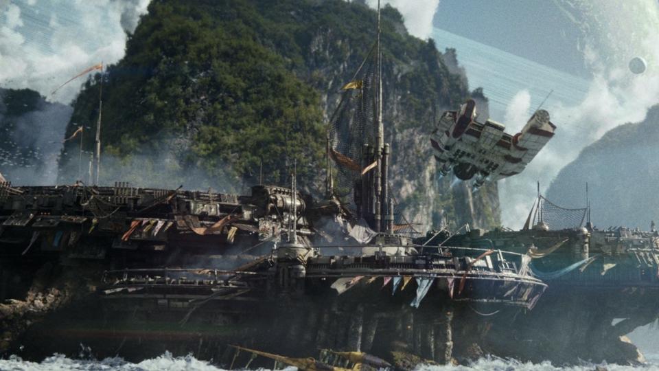 A ship lands on a pier in an oceanic landscape.