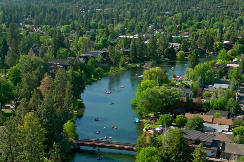 Aerial establishing shot of Bend, Oregon