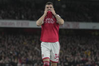 Arsenal's Granit Xhaka reacts after missing a chance to score during the English Premier League soccer match between Arsenal and Chelsea at the Emirates Stadium in London, Tuesday, May 2, 2023. (AP Photo/Kin Cheung)