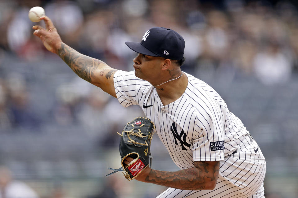 New York Yankees pitcher Luis Gil throws against the Tampa Bay Rays during the first inning of a baseball game Sunday, April 21, 2024, in New York. (AP Photo/Adam Hunger)