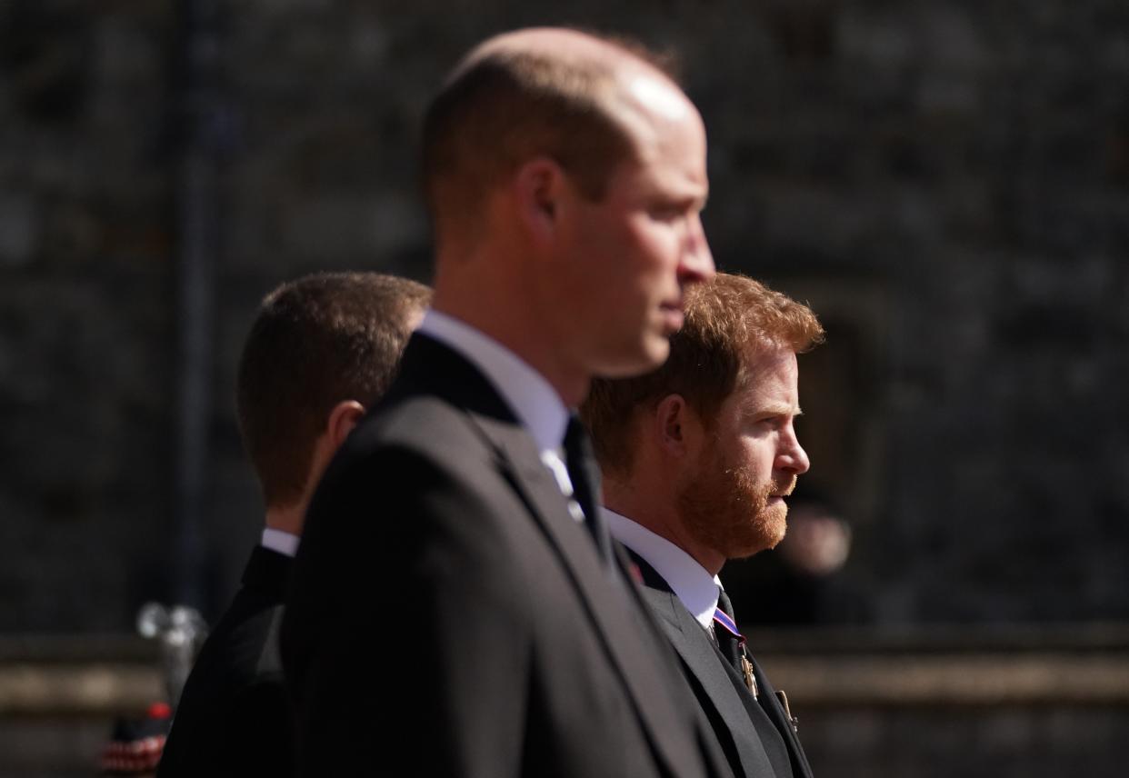 <p>After the funeral Harry was seen chatting with his brother Prince William</p> (PA Wire)