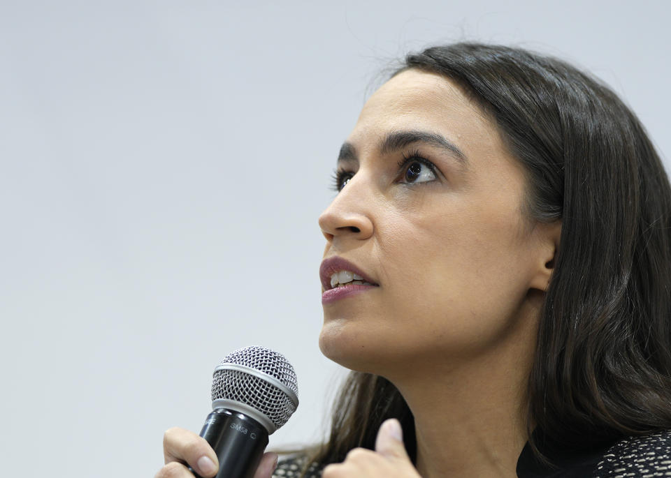 U.S. Rep. Alexandria Ocasio-Cortez speaks at an event at the US Climate Action Center at the COP26 U.N. Climate Summit in Glasgow, Scotland, Tuesday, Nov. 9, 2021. The U.N. climate summit in Glasgow has entered it's second week as leaders from around the world, are gathering in Scotland's biggest city, to lay out their vision for addressing the common challenge of global warming. (AP Photo/Alastair Grant)