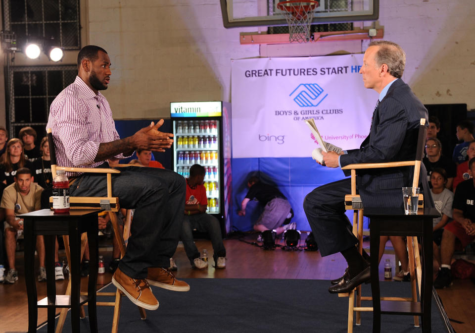 GREENWICH, CT - JULY 08:  LeBron James and ESPN's Jim Gray speak at the LeBron James announcement of his future NBA plans at the  Boys & Girls Club of America on July 8, 2010 in Greenwich, Connecticut.  (Photo by Larry Busacca/Getty Images for Estabrook Group)