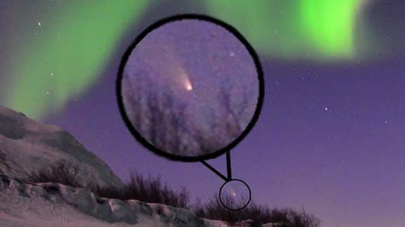 Astrophotographer Chad Blakely made a video of an auroral display with Comet Pan-STARRS. This still image shows the comet magnified. Video obtained March 20, 2013, in Abisko, Sweden.