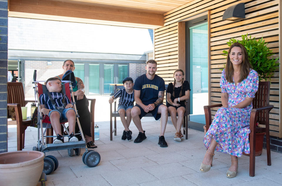 EMBARGOED: No onward transmission before 2100 BST Sat 27/6/2020. Not for publication before 2200 BST Sat 27/6/2020. The Duchess of Cambridge talks with Sonny Saunders (left) and his family, mother Kelly, brother Hudson, father Jordan and sister Star, during a visit to The Nook in Framlingham Earl, Norfolk, which is one of the three East Anglia Children's Hospices (EACH). Sonny was diagnosed with a diffuse intrinsic pontine glioma, an aggressive and difficult-to-treat brain tumour, only a week or so after his sixth birthday in February.