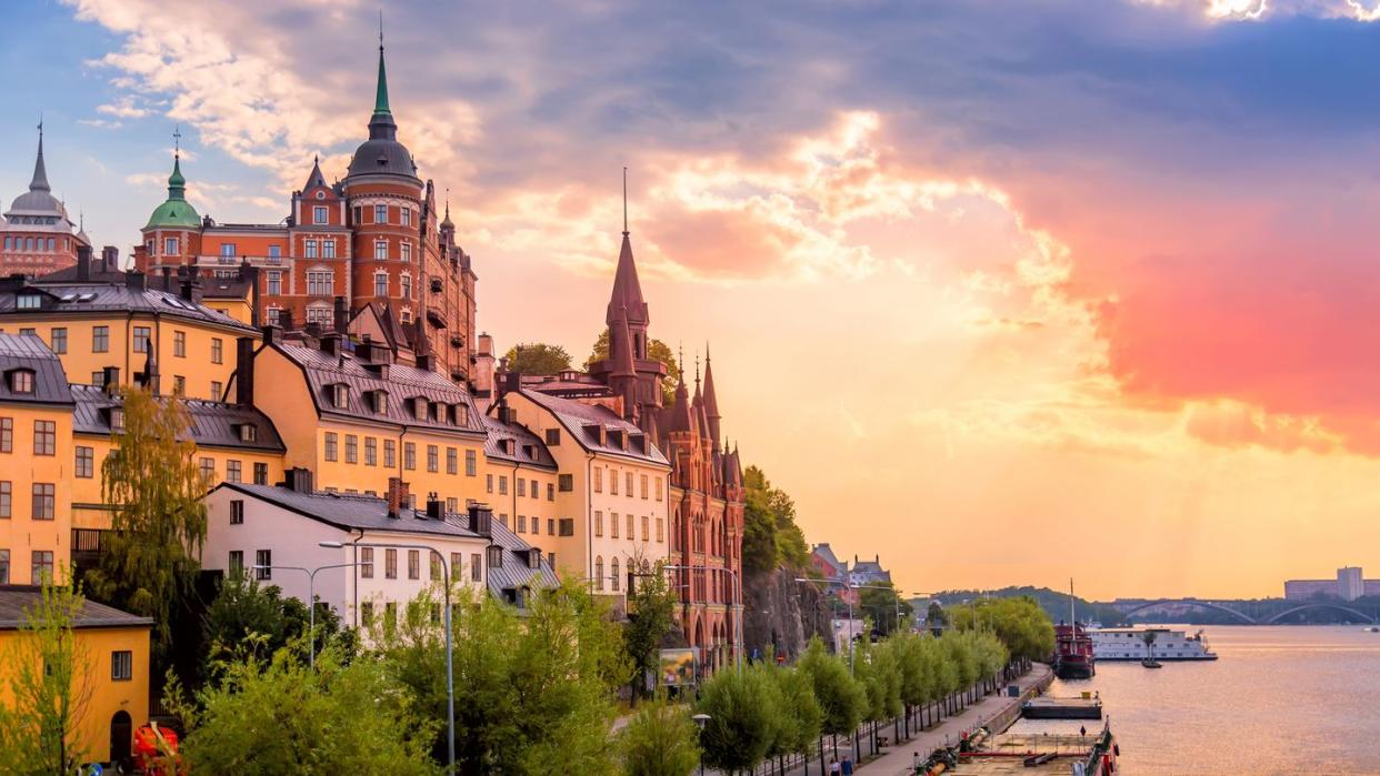 stockholm, sweden scenic summer sunset view with colorful sky of the old town architecture in sodermalm district