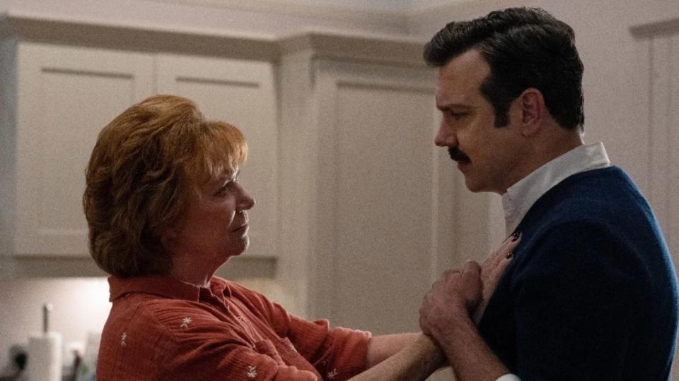 Becky Ann Baker as Mother Lasso and Jason Sudeikis as Ted Lasso in “Ted Lasso” (Apple TV+ )